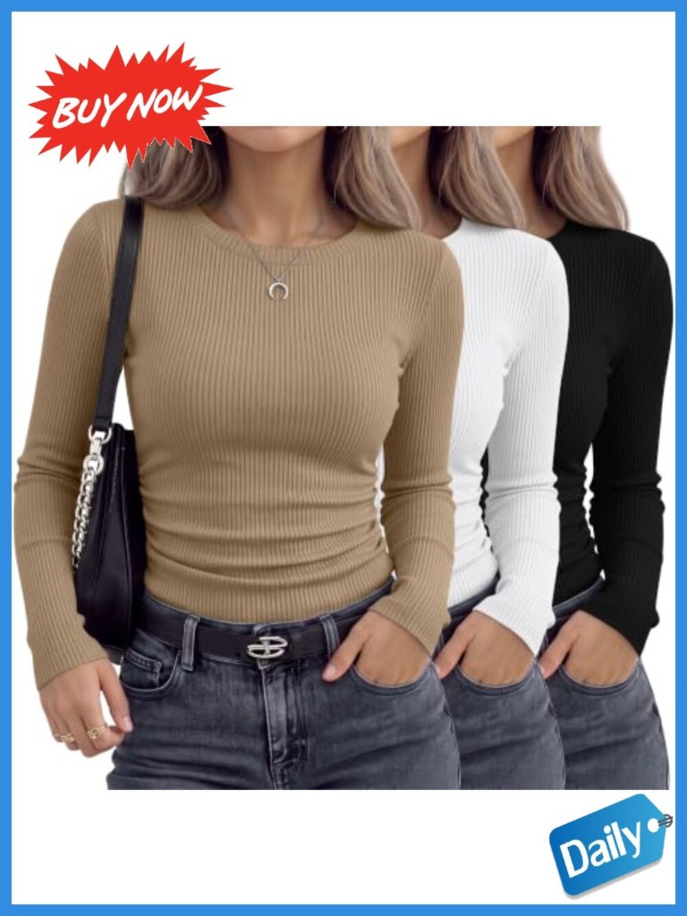Ribbed Cotton Ruched Long Sleeve Crew Neck Tops 3 Pack
